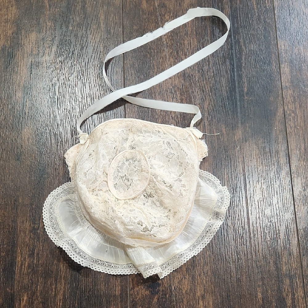 Vintage Satin Lace Baby EASTER Bonnet with Ribbon One Size Christening Cap